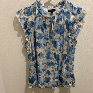 Floral Ruffle Sleeve Blouse in Blue and Tan